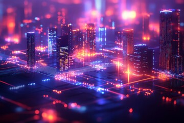 Obraz premium abstract depiction of a cityscape at night, connected by glowing digital pathways to represent a smart city concept, Generative AI