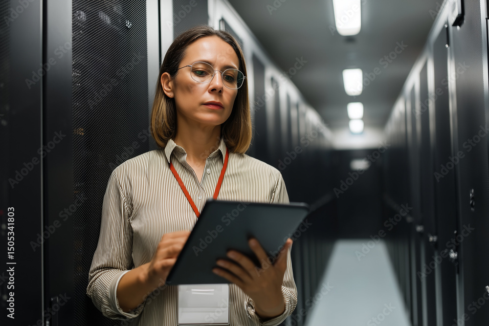 Poster female engineer with glasses and badge stands in server room, holding digital tablet and checking eq
