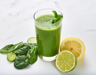 Fototapeta premium Green smoothie with spinach, cucumber, lemon and lime on marble background