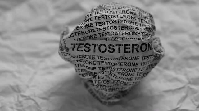 Crumpled paper ball with words Testosterone on crumpled white paper background.