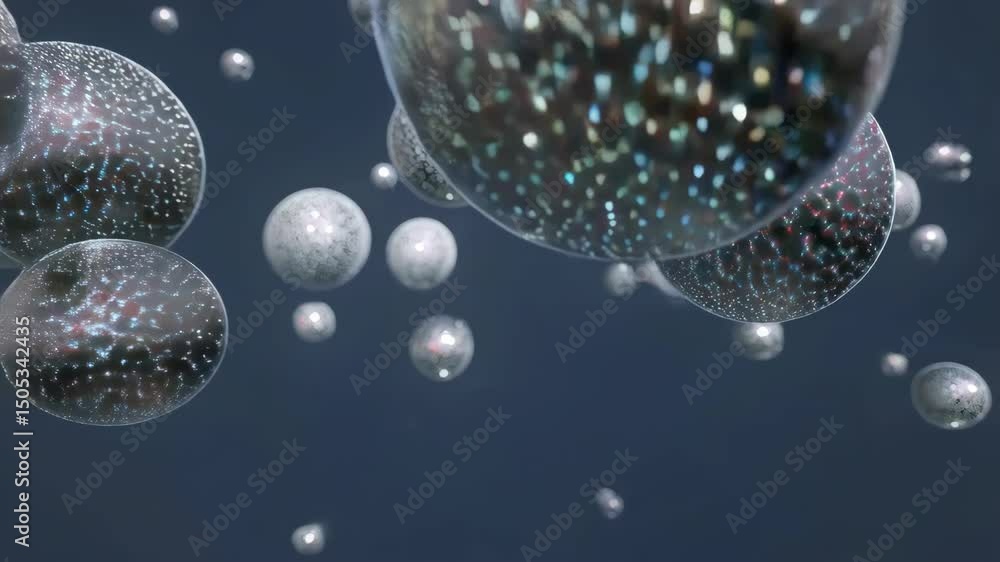 Poster bubbles floating and rotating slowly in space with colorful reflections