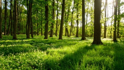 Sunlight illuminating lush green forest floor covered in small white flowers