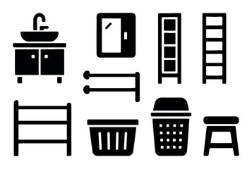 Bathroom icon set featuring sink, mirror, shelves, and baskets