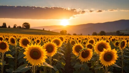 Fototapeta premium Sunflowers field at sunset creating a breathtaking landscape