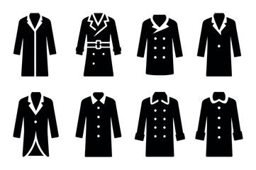 Set of black silhouette coats and jackets with various designs