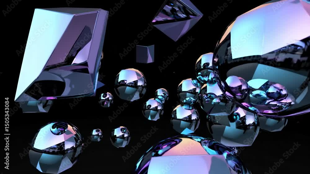 Poster 3d geometric shapes floating and rotating slowly in space