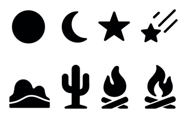 Simple icons: sun, moon, stars, mountains, cactus, campfire