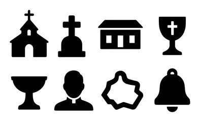 Church and religious symbols: cross, priest, chalice, bell icons