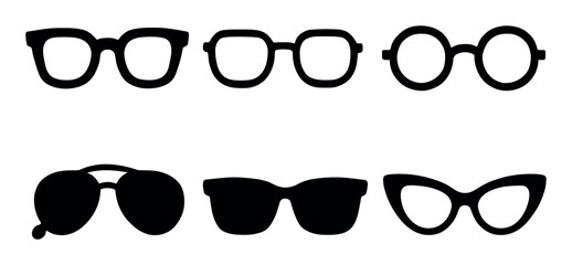 Six pairs of stylish eyeglasses silhouettes in various shapes