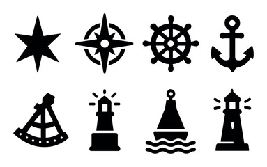 Nautical symbols: star, compass, helm, anchor, sextant, lighthouse
