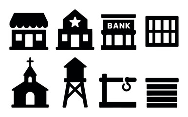 Wild west icons include bank, church, gallows, water tower, jail