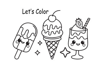 Kawaii Dessert Coloring Page for Kids – Cute and Whimsical Sweet Treats Printable
