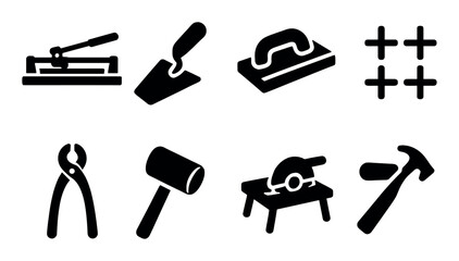 Construction tools icons set: plier, hammer, saw, trowel, cutter