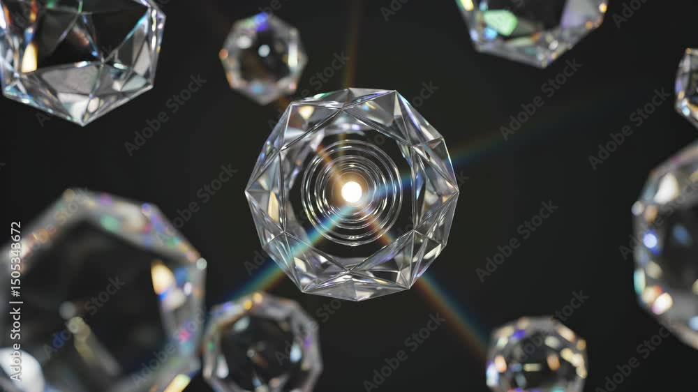 Poster sparkling crystals floating and rotating slowly in space