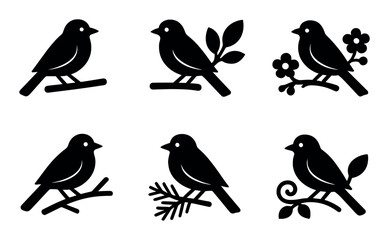 Silhouette designs of birds perched on branches and flowers