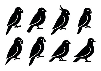 Obraz premium Set of eight bird silhouettes featuring cockatoos and parrots
