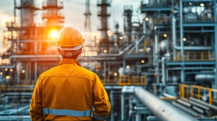 Fototapeta premium Industrial Engineer in a Hard Hat and Safety Vest Overlooking a Large Processing Plant