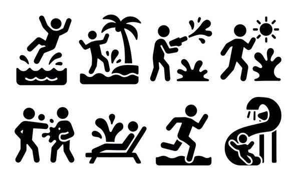 Black and white stick figures enjoying various summer water activities