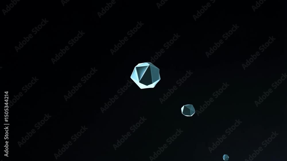 Poster geometric shapes floating and rotating slowly in dark space