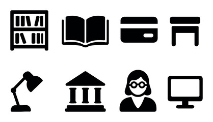 Library icons: bookshelf, open book, card, desk, lamp, building, pc