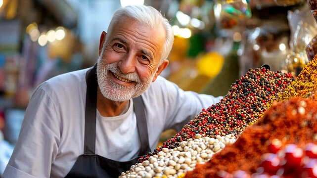 Senior vendor smiling at colorful spice market display with fresh herbs and aromatic ingredients.