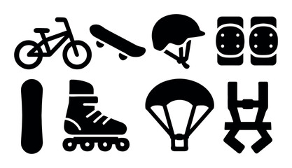 Silhouette icons: skateboard, bike, helmet, roller skates, parachute