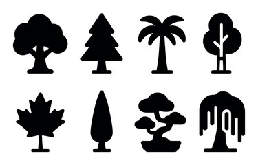 Collection of eight black silhouette tree icons and shapes