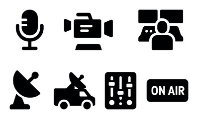 Broadcasting icons: microphone, cameras, satellite, control room