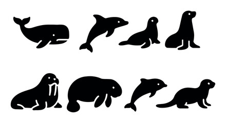 Fototapeta premium Silhouette icons of marine mammals: whale, dolphin, seal, walrus