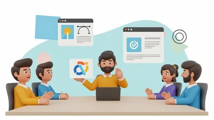 Animated business team discussing strategies with digital marketing icons on screen - Powered by Adobe