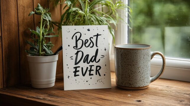 Father’s Day greeting card with handwritten “Best Dad Ever” text standing by a mug and houseplants on wooden windowsill, ideal for cozy home visuals, parenting content and gift promotions
