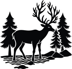 Obraz premium Deer Drinking Water From Forest River Silhouette