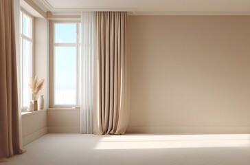 Fototapeta premium Empty room with large window and beige curtains.