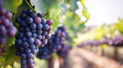 Fototapeta premium Close-Up of Lush Purple Grapes Hanging on a Vine in a Beautiful Vineyard Under Soft Natural Light in a Warm Climate Setting