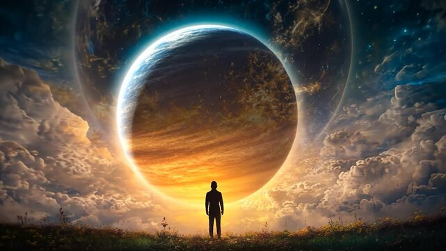 Awe-Inspiring Celestial Vision: A Solitary Figure Contemplates a Gigantic Planet Against a Starry Backdrop