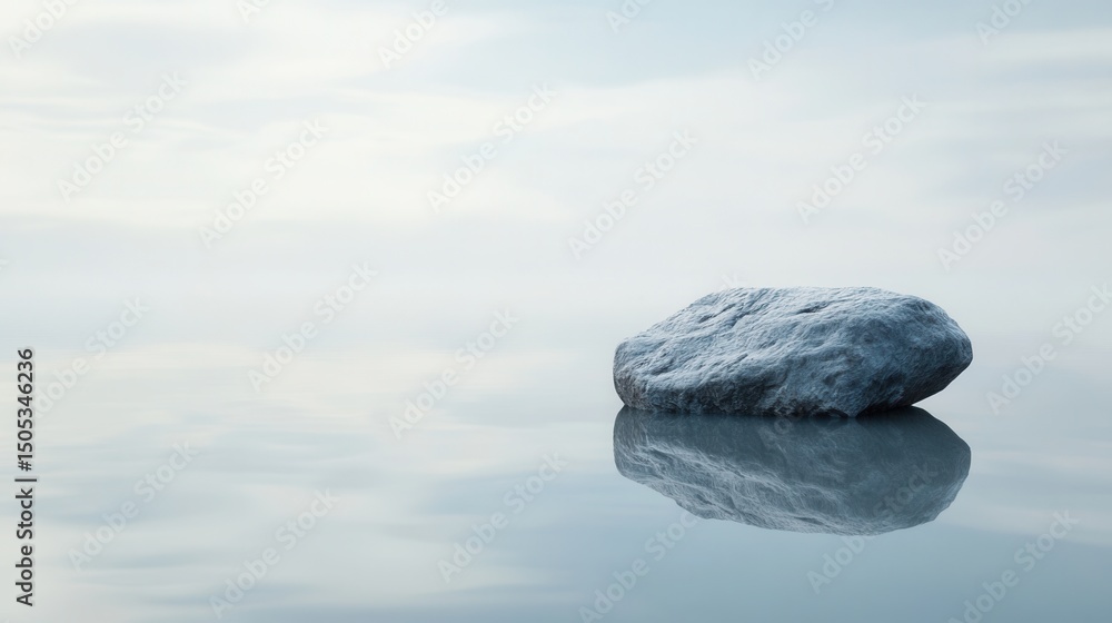 Poster calm serenity of a single rock on still water with soft reflections under a gentle sky creating a tr