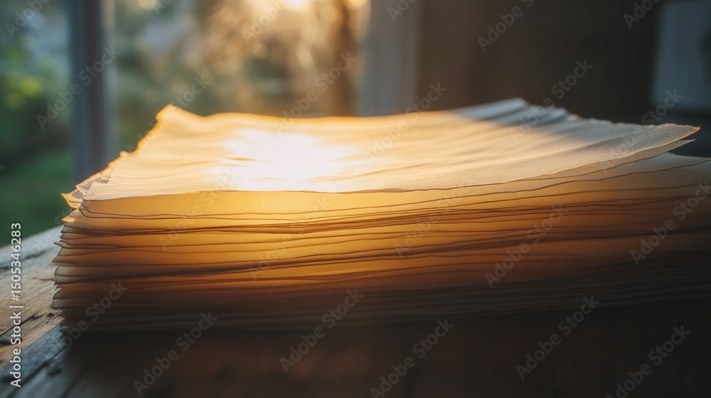 Poster soft light illuminating stacked blank pages on wooden table with natural background and gentle tones