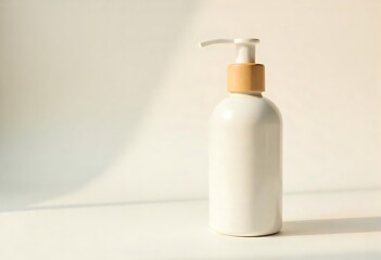 Minimal speckled pump bottle with wooden top on white background for product branding and marketing.