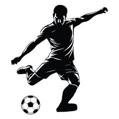 Black vector silhouette of a soccer player kicking ball vector on white background
