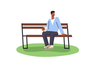 Happy person sits on wooden bench in recreation park. Man with refreshing drink relaxes on seat outdoors in summer. Boy has a rest during walk. Flat isolated vector illustration on white background