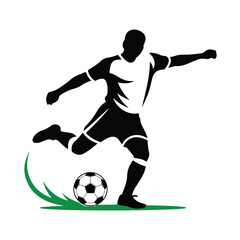 Obraz premium Black vector silhouette of a soccer player kicking ball vector on white background