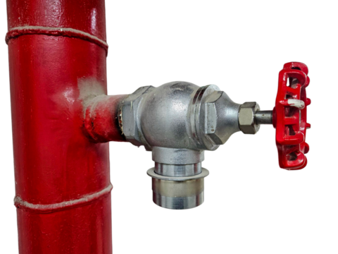 Fire hydrant valve with red handle, great for industrial safety, fire safety, industrial equipment, construction site, emergency system. Isolated on white background, transparent PNG