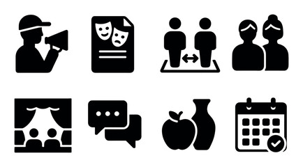 Set of eight theater and event icons in black silhouette style