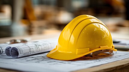 Yellow Hard Hat on Blueprint Construction Plans for Engineering
