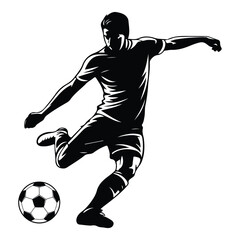 Black vector silhouette of a soccer player kicking ball vector on white background