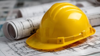 Hard Hat on Blueprint Rolls Showing Construction Planning