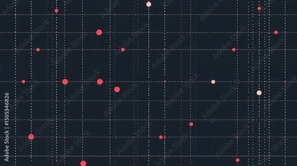 Poster abstract geometric pattern with red and white dots on a dark background, representing data visualiza