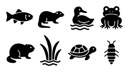 Silhouettes of aquatic animals and plants in black icons set