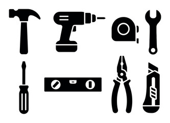 Obraz premium Black silhouette of various hand tools on white background