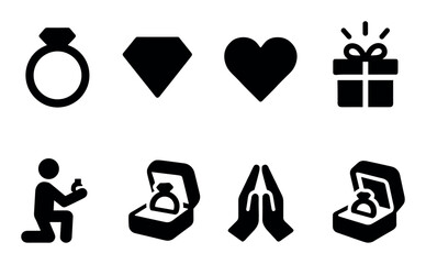 Engagement icons set: ring, diamond, heart, gift, proposal